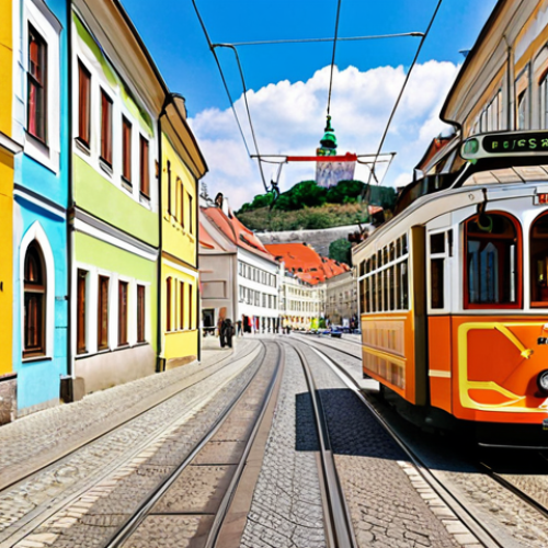 Home 15 ** A vibrant tram traveling through the historic old town (Staré Mesto) of Bratislava, Slovakia. Focus on the picturesque narrow streets and a glimpse of Bratislava Castle (Bratislavský hrad) in the background. Capture the nostalgic feel of the tram ride.
**
