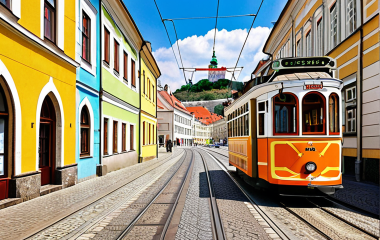 ** A vibrant tram traveling through the historic old town (Staré Mesto) of Bratislava, Slovakia. Focus on the picturesque narrow streets and a glimpse of Bratislava Castle (Bratislavský hrad) in the background. Capture the nostalgic feel of the tram ride.

**