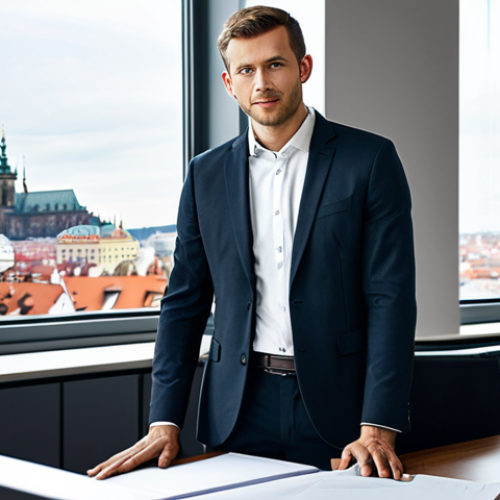 Home 14 A professional businessman in a modest dark business suit and white shirt, standing confidently in a bright, modern office space. Through the large window, a panoramic view of a beautiful, historic European city skyline with some contemporary architecture is visible, suggesting Prague. The office desk has a laptop and a few subtle professional documents. The lighting is soft and inviting. Professional photography, high resolution, perfect anatomy, correct proportions, natural pose, well-formed hands, proper finger count, natural body proportions, fully clothed, modest clothing, appropriate attire, professional dress, safe for work, appropriate content, family-friendly.