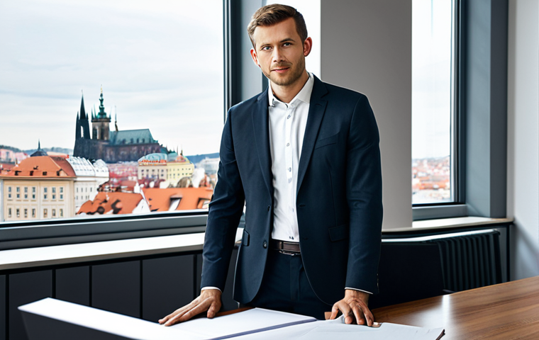A professional businessman in a modest dark business suit and white shirt, standing confidently in a bright, modern office space. Through the large window, a panoramic view of a beautiful, historic European city skyline with some contemporary architecture is visible, suggesting Prague. The office desk has a laptop and a few subtle professional documents. The lighting is soft and inviting. Professional photography, high resolution, perfect anatomy, correct proportions, natural pose, well-formed hands, proper finger count, natural body proportions, fully clothed, modest clothing, appropriate attire, professional dress, safe for work, appropriate content, family-friendly.